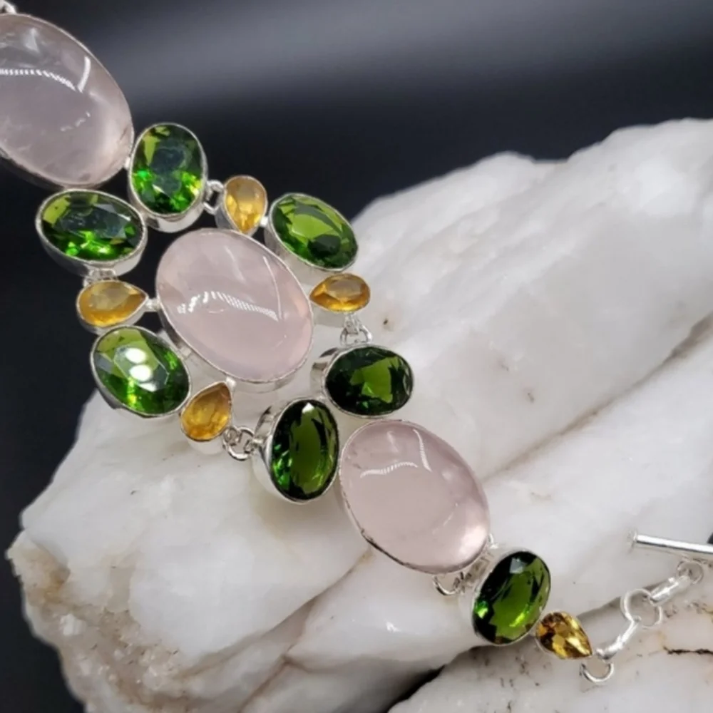 Genuine Rose Quartz Peridot Lemon Quartz Rhodium/925 Silver Bracelet